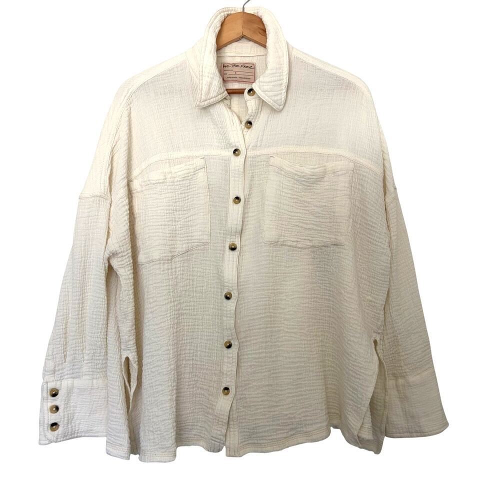 Free People We the Free Cardiff Cotton Gauze Button Up Shirt S Cream Oversized - Picture 3 of 9